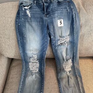 Judy Blue Distressed Paint-Splatter Medium Blue Skinny Jeans